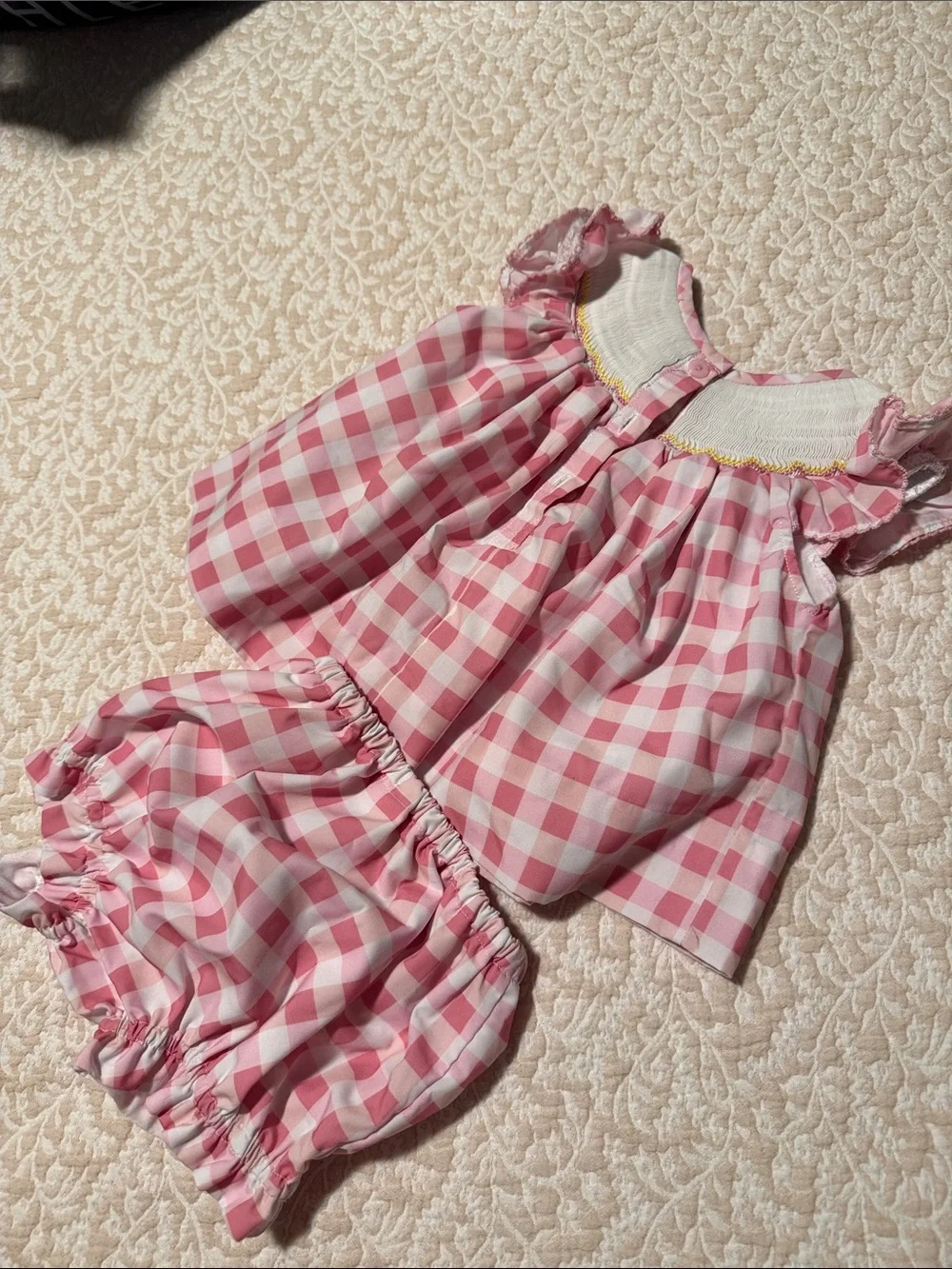 Poppy kids Pink Gingham Smocked Fruit Baby Dress & Bloomers